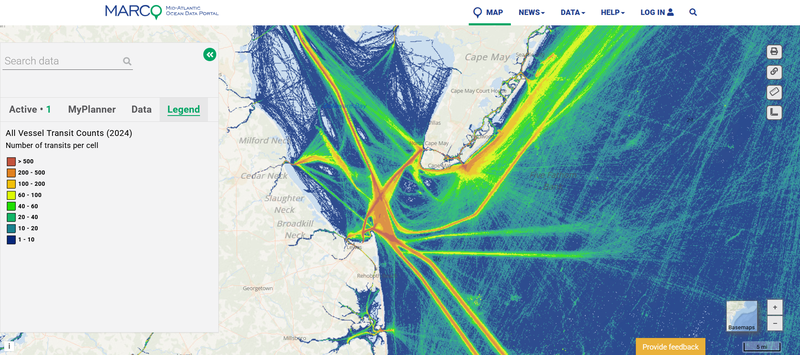 A map showing 2024 vessel traffic in the Delaware Bay vicinity