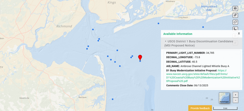 A map showing locations of buoys proposed for discontinuation