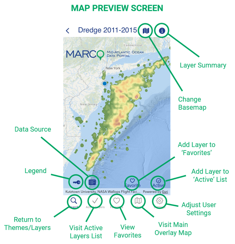 A diagram of the app screen showing a commercial dredge fishing map for 2011-15 with arrows identifying and pointing to icons/buttons for the basemap change, layer summary, adding layer to favorites, adding layer to the Active list, adjusting settings, visiting main overlay map, viewing favorites, visiting active layers list, returning to themes/layers, the map legend, and data source.