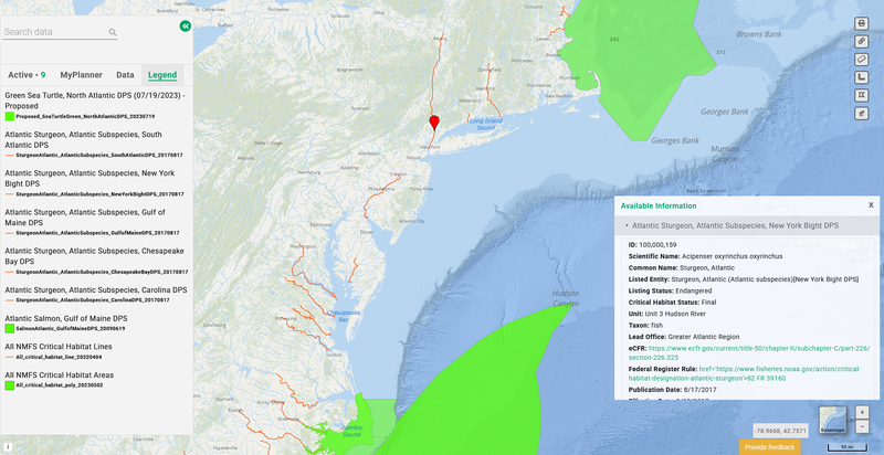 A map showing NOAA Fisheries-designated critical habitat areas throughout the Mid-Atlantic.